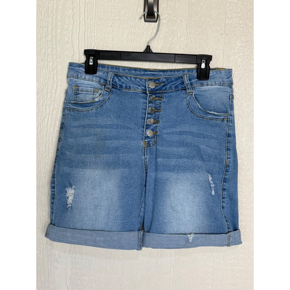Sheilay Women Light Wash Button Fly Distressed Cuffed Denim Shorts Blue Size L